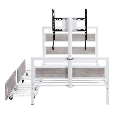 Rosy Twin Size Metal Platform Bed w Rotatable TV Stand - White