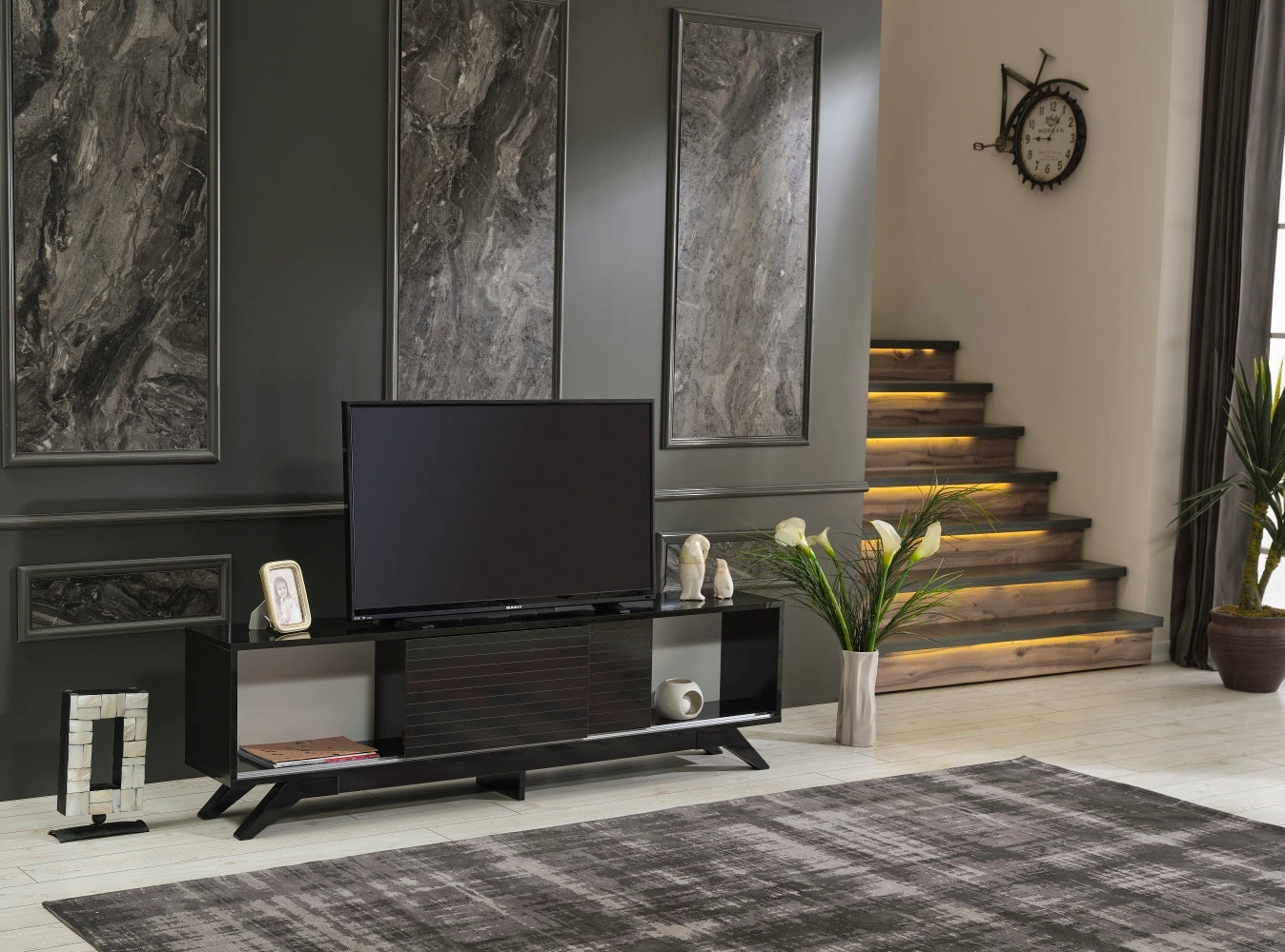 Luxia Mid Century Modern TV Stand 2 Sliding Door- Black