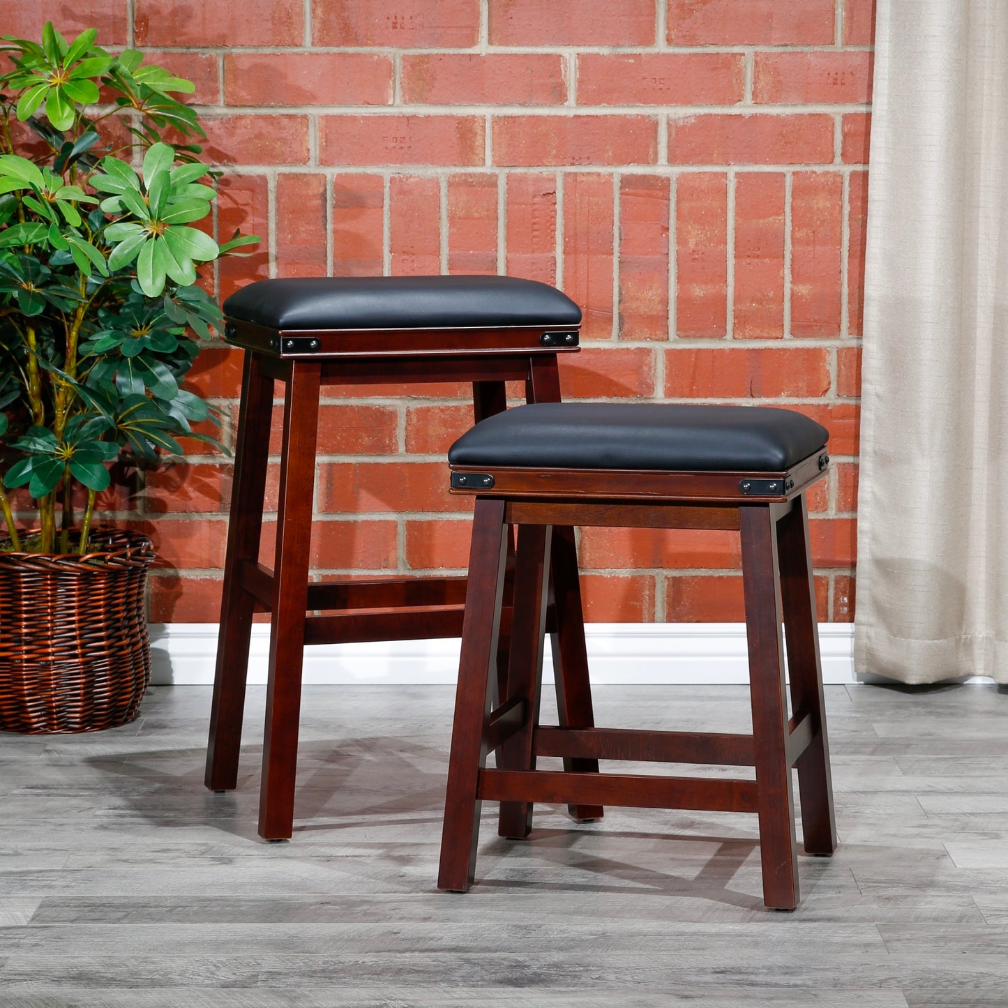 Flat Counter Stool  White Finish, Black Leather Seat