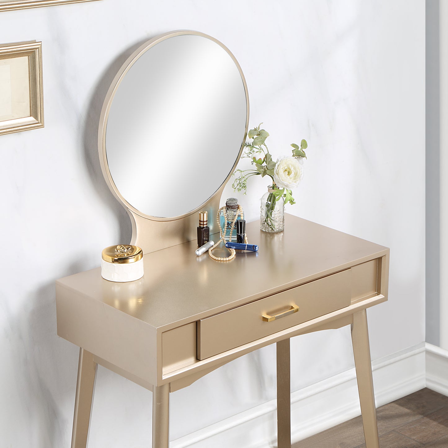 Maly Contemporary Wood Vanity and Stool Set - Gold