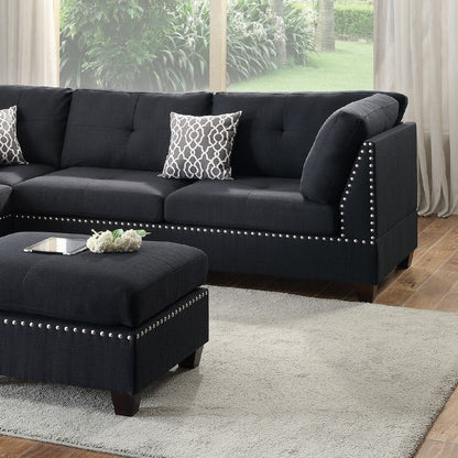 Surya 3pc Sectional Sofa Polyfiber Cushion Sofa Chaise Ottoman Reversible Couch Pillows - Black