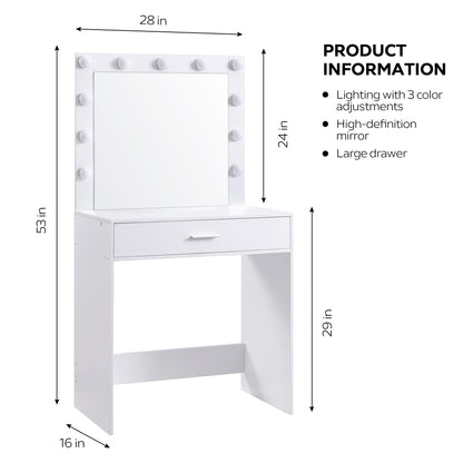 Auro Vanity Desk with Mirror & Light - White