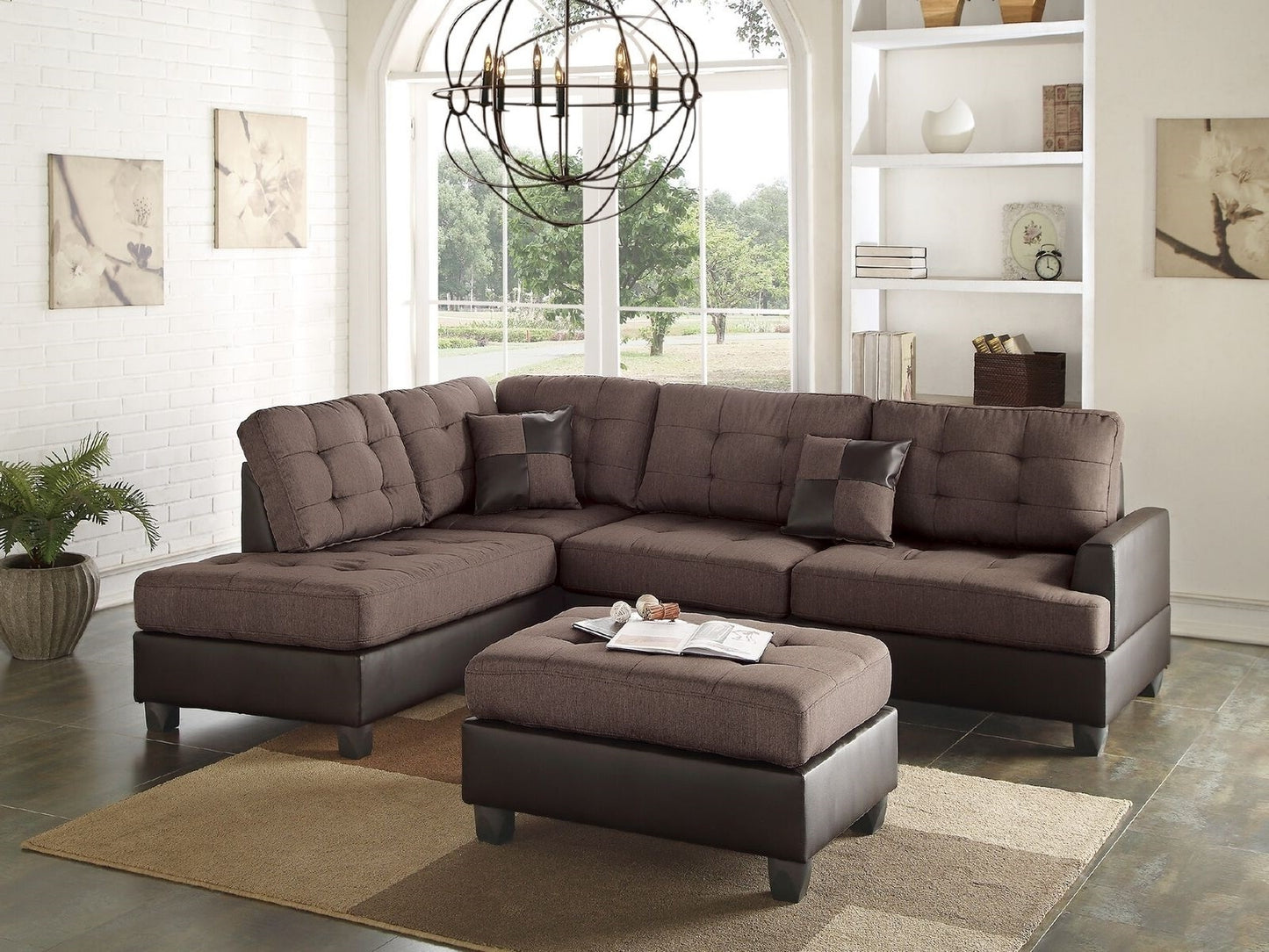 Lucia 3pc Sectional Polyfiber Cushion Sofa Set - Chocolate