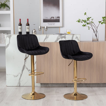 Stramline Adjustable Velvet + Golden Leg Bar Stool - Black Set of 2