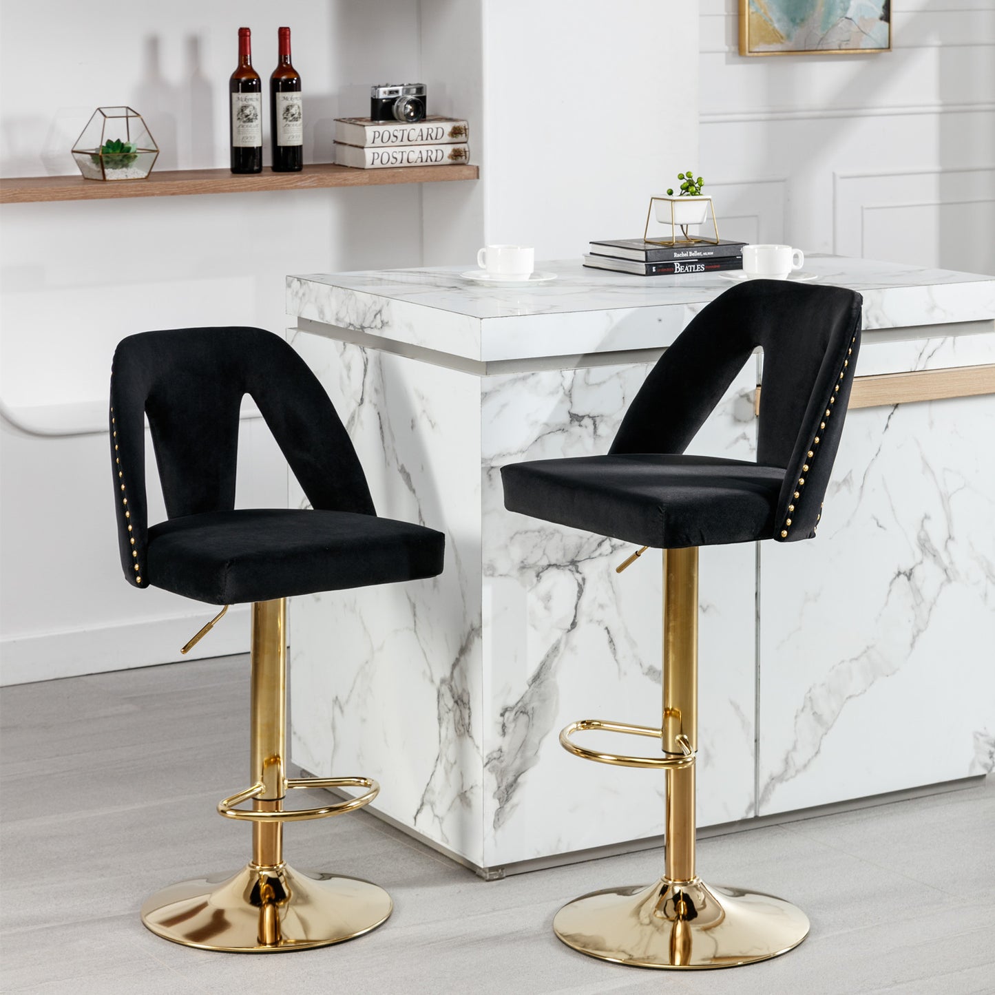 Nadia Velvet Adjusatble Seat  Bar Stool - Black Set of 2