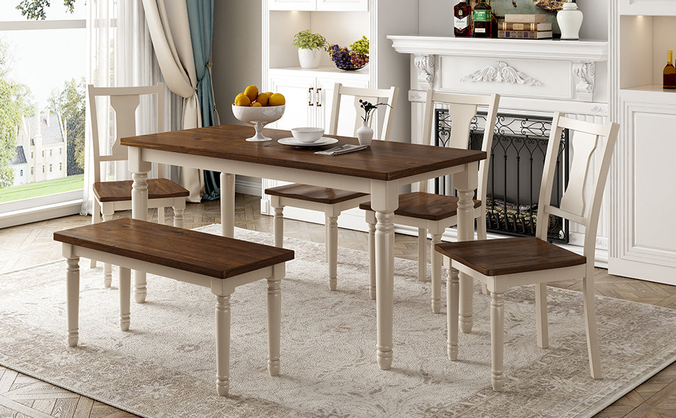 Trey 6pc Dining Set Wooden Table 4x Side Chairs And Bench - Brown+White