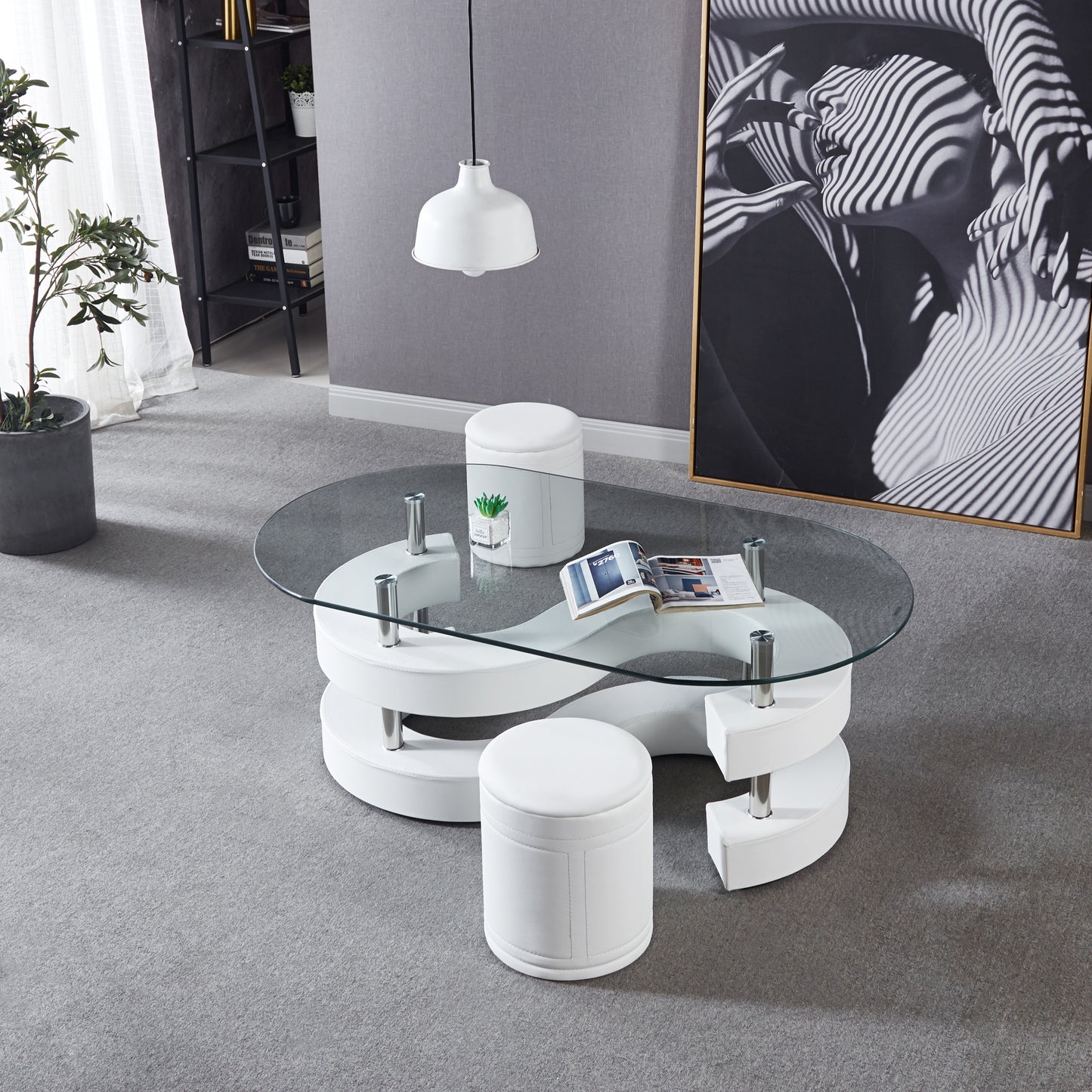 The S Coffee Table Set, Oval Tempered Glass Table and 2 Leather Stools -White