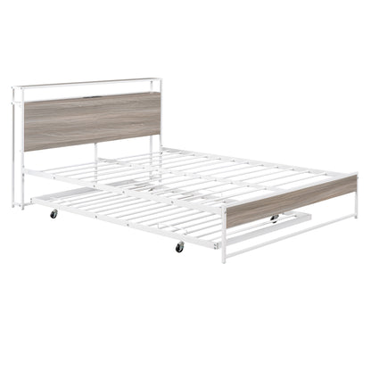 Draven Queen Size Metal Platform Bed Frame with Trundle - White