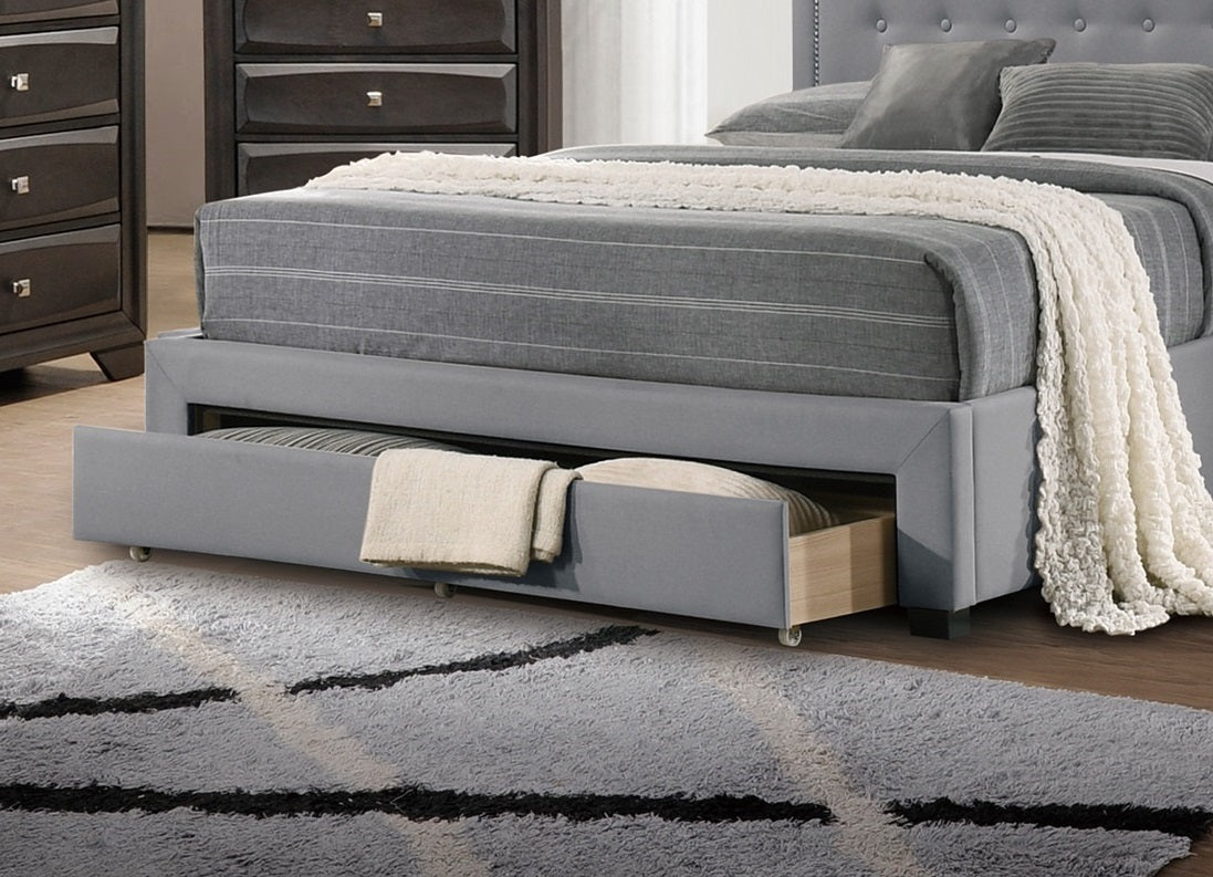 Imani Twin Size Bed w Drawer Button Tufted - Light Grey