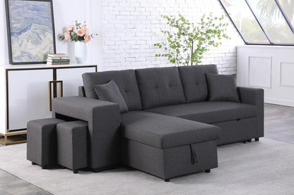 Dennis Fabric Reversible Sleeper Sectional with Storage Chaise and 2 Stools - Dark Gray