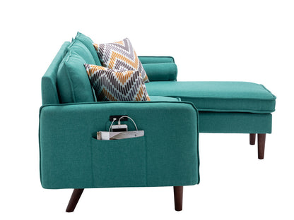 Mia Sectional Sofa Chaise with USB Charger & Pillows - Green