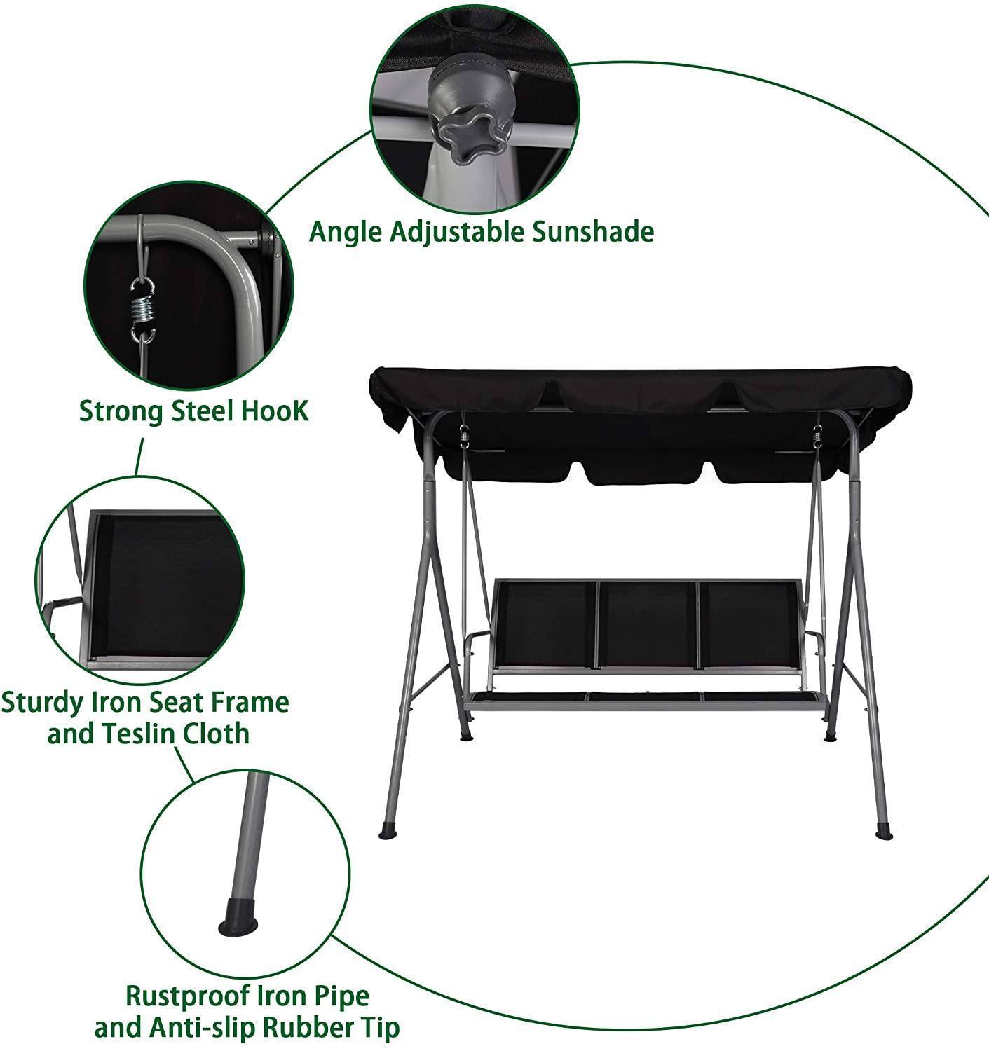 Rosser 3-Person Outdoor Swing Chair Adjustable Canopy - Black