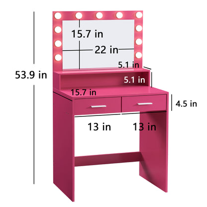 Neve Vanity Desk with Mirror and Lights - Rose Pink