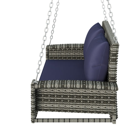 Paz 2-Person Wicker Hanging Porch Swing (Gray Wicker, Blue Cushion)