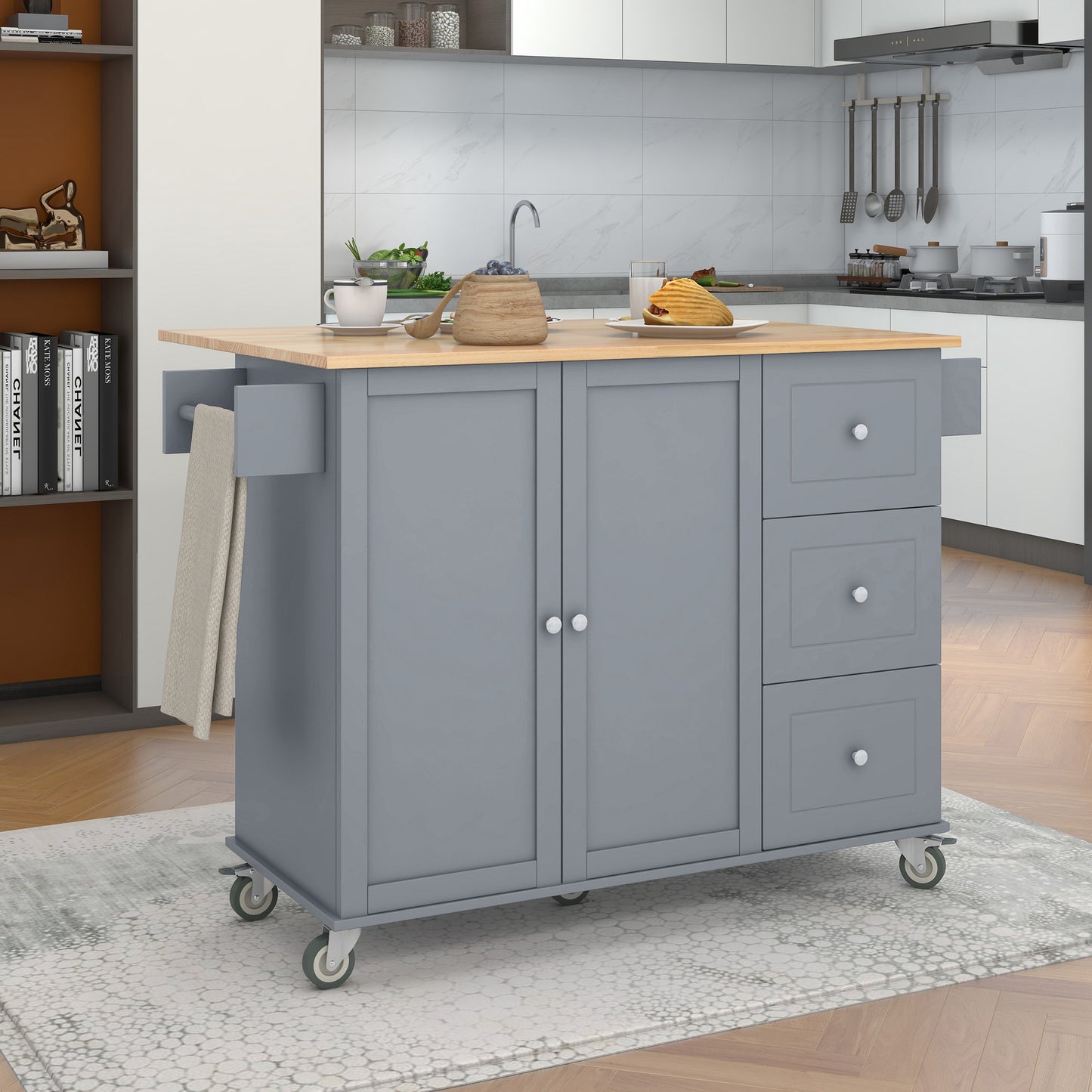 Oasis Kitchen Island with Solid Wood Top and Locking Wheels - Grey Blue