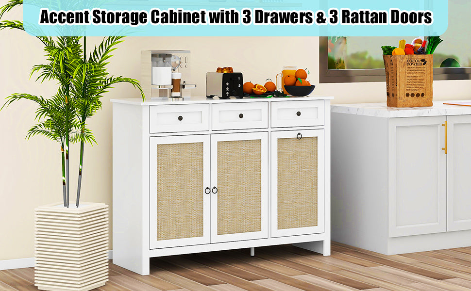 Rattan Kitchen Trash Can Cabinet - White