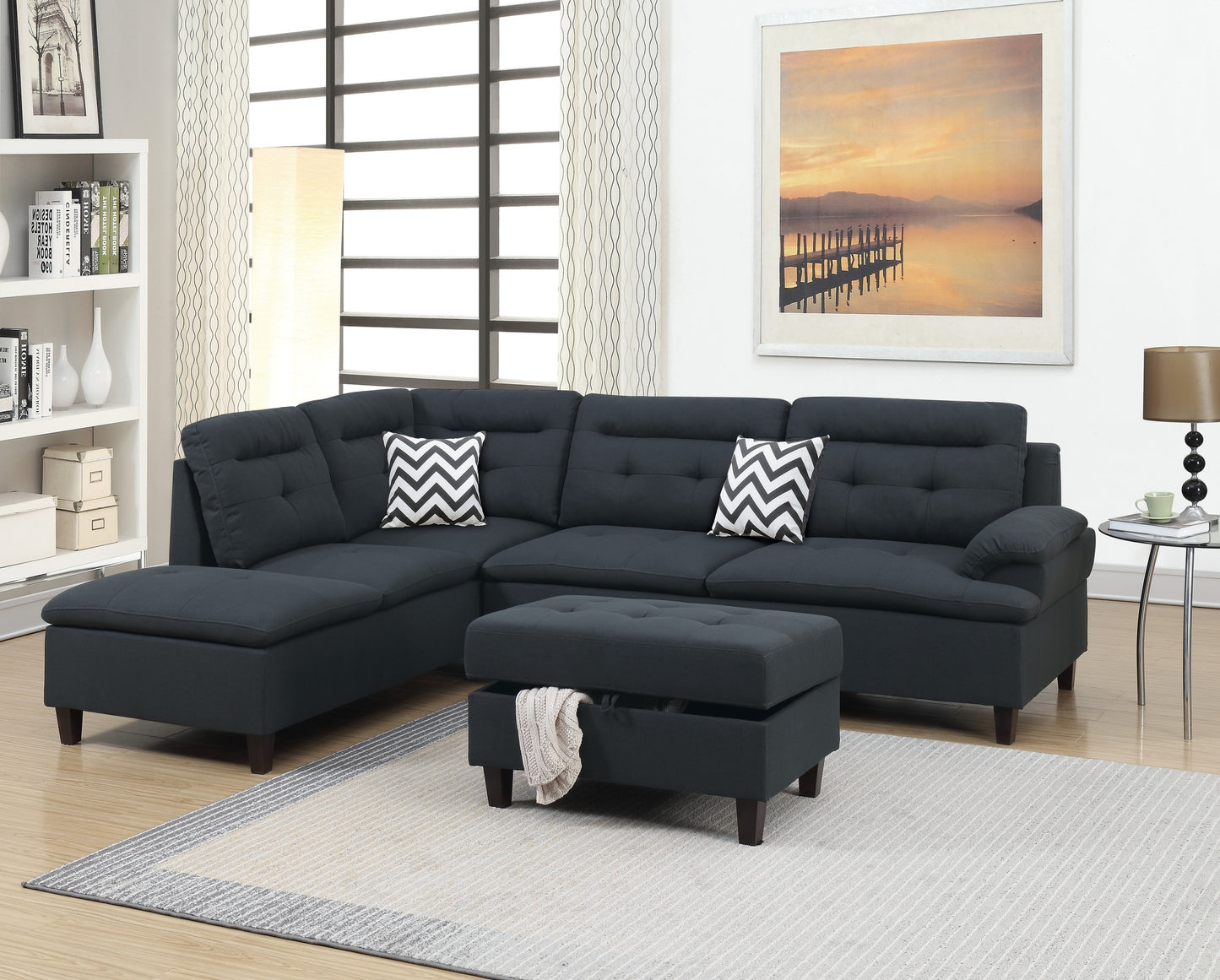 Lar Sectional Fabric Sofa w Ottoman - Black