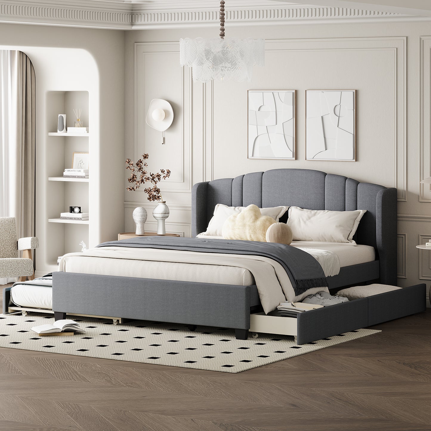 Mali Queen Size Platform Bed with Wingback Headboard - Gray