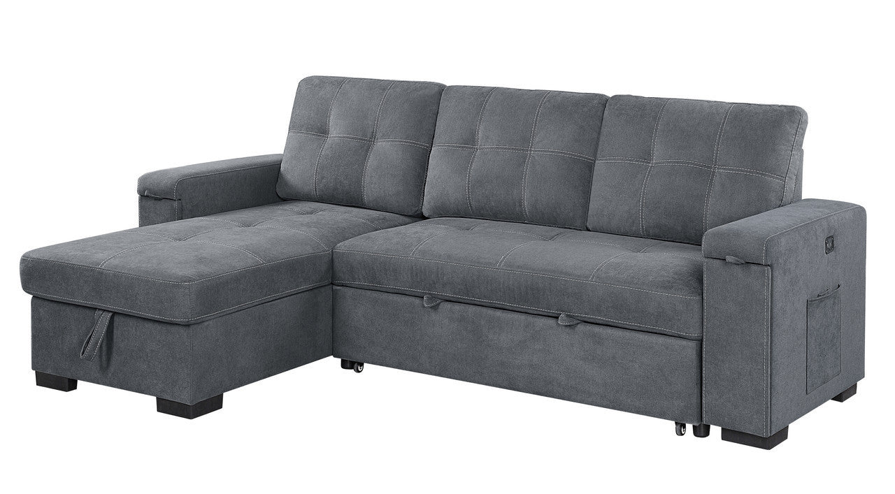 Toby Woven Fabric Reversible Sleeper Sectional Sofa with Storage Chaise Cup Holder USB Ports and Pockets - Gray