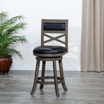 Counter Height X-Back Swivel Stool, Weathered Gray Finish, Black Leather Seat