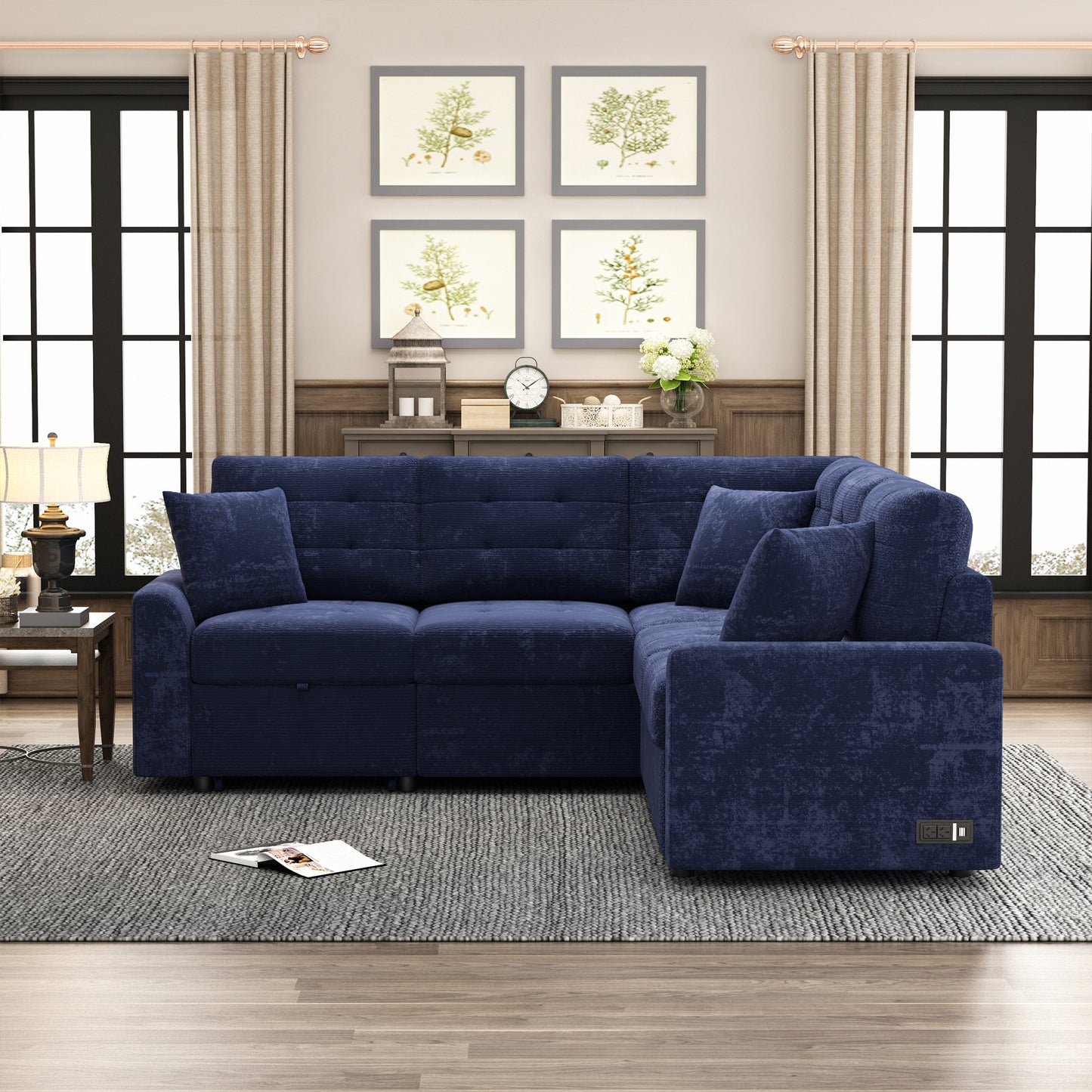 Novak L-shape Sofa Bed Pull-out Sleeper Sofa with Wheels - Navy Blue