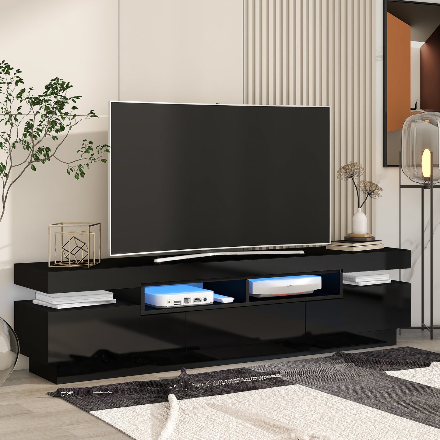 Seco High Gloss TV Stand Entertainment Center - Black