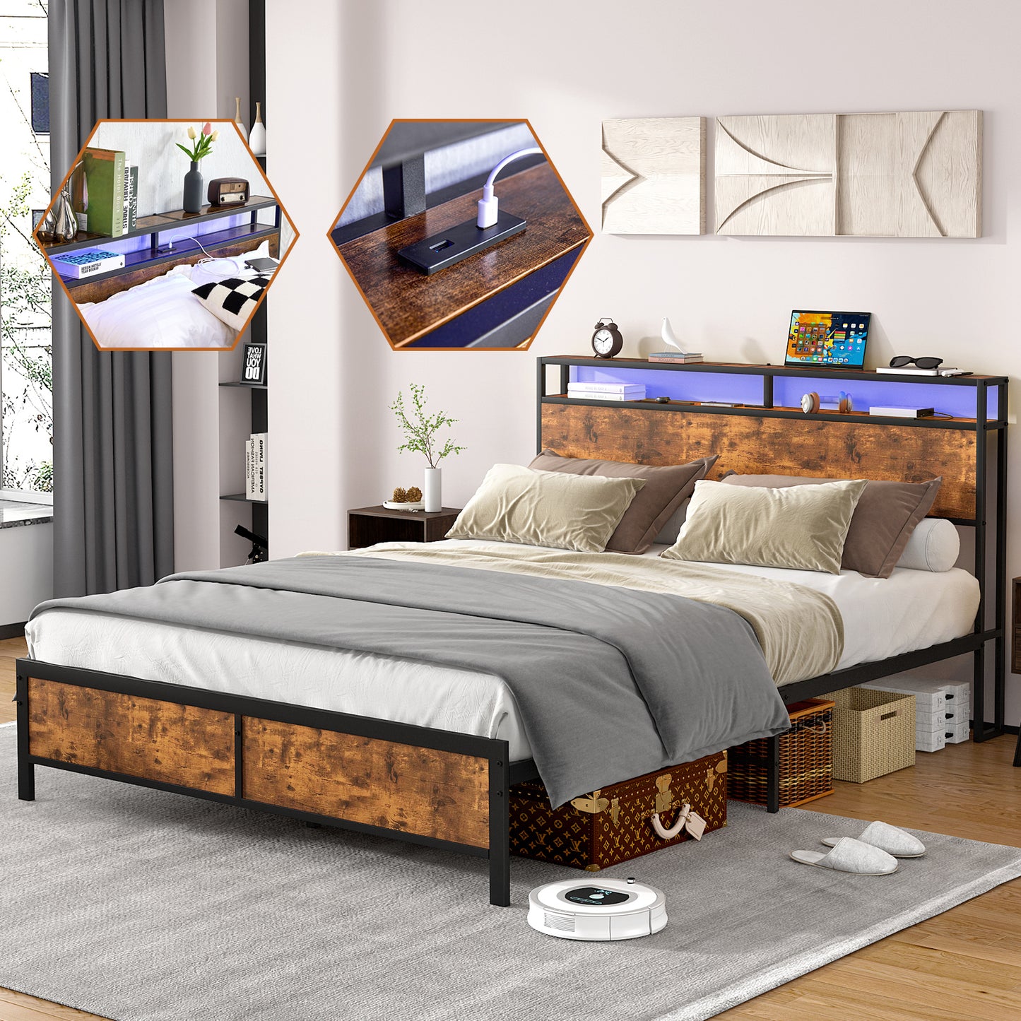 Nabi Queen Size Bed Frame with LED - Rustic Brown