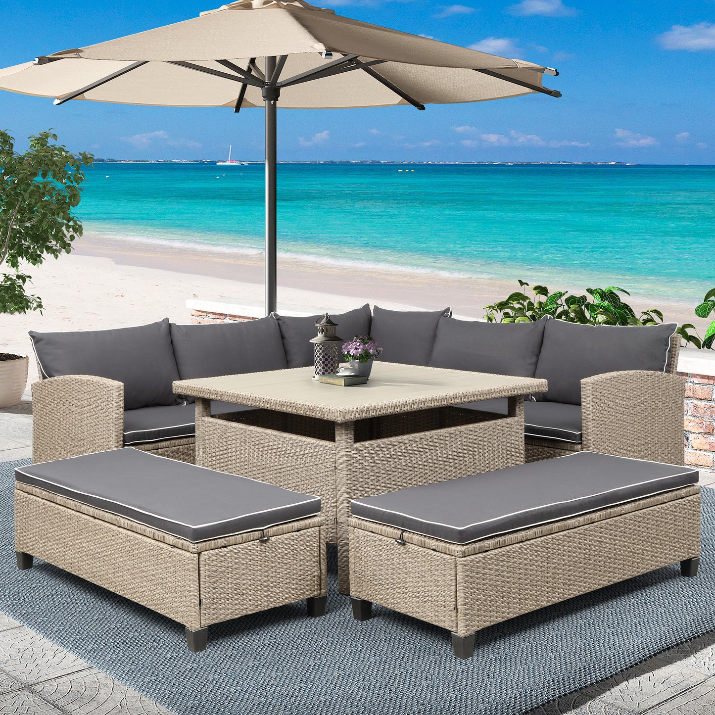 Mira 6 Pc Outdoor Patio Wicker Rattan Sectional Sofa Set - Brown