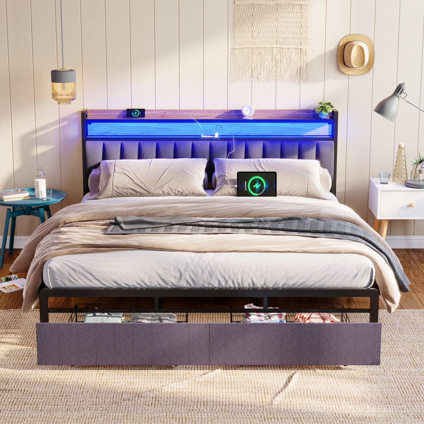 Zinya King Size LED Storage Bed - Gray