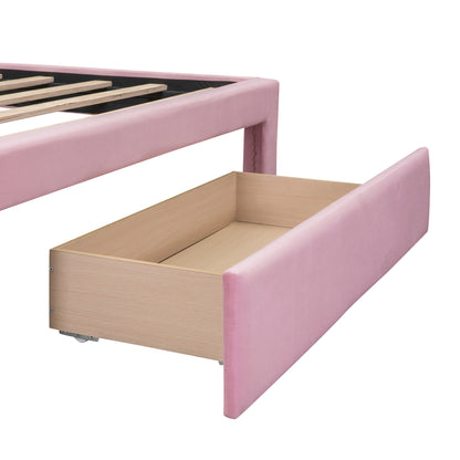 Renni Full Size Velvet Platform Bed Frame with Drawer - Pink