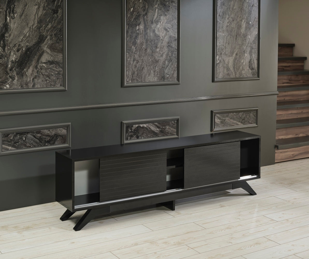 Luxia Mid Century Modern TV Stand 2 Sliding Door- Black