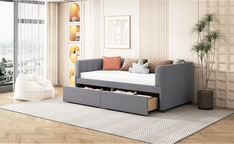 Tano Twin Size Upholstered Daybed with Drawers - Gray