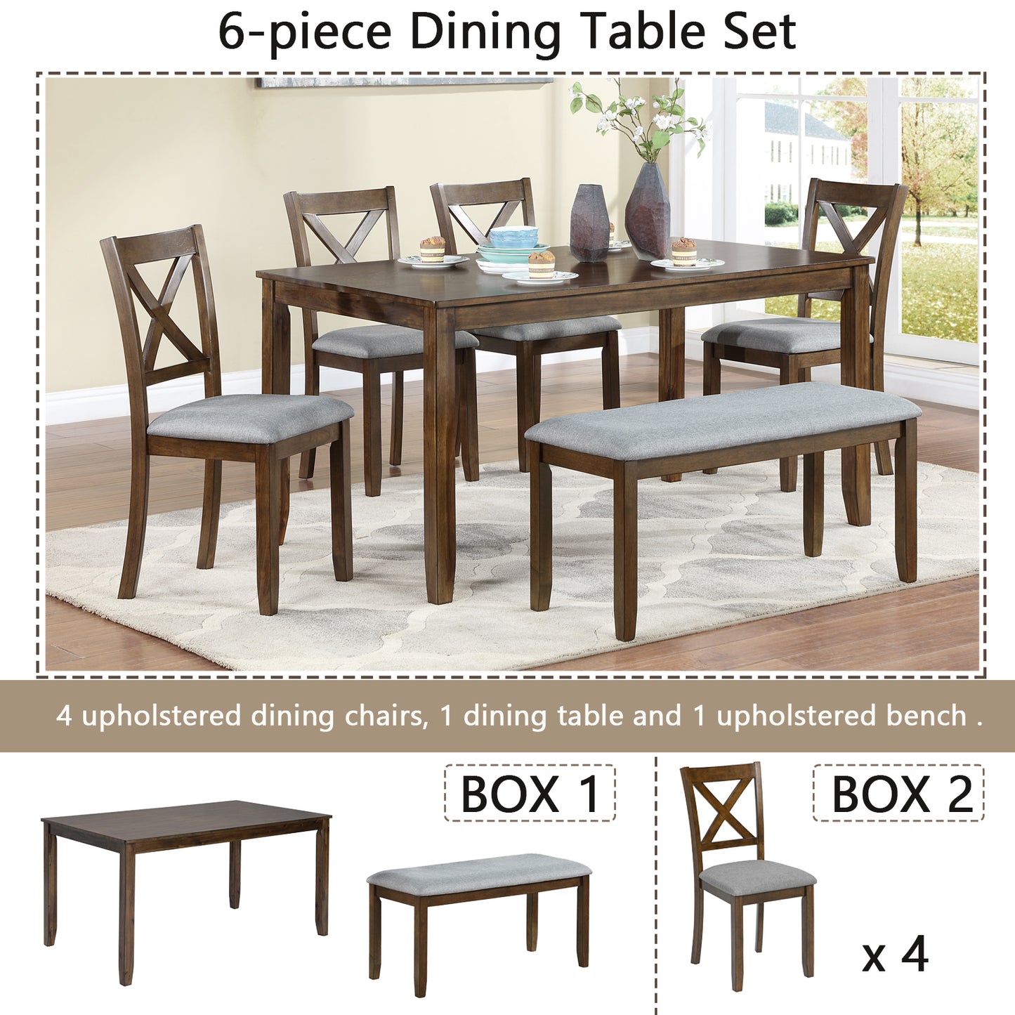 Xeno 6pc Dining Set Wooden Table 4x Side Chairs And Bench - Walnut