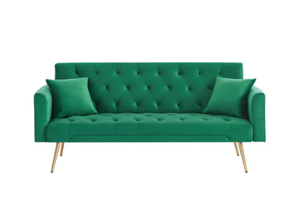 Tasa Velvet Futon Sofa Bed with Metal Legs & 2 Pillows - Green