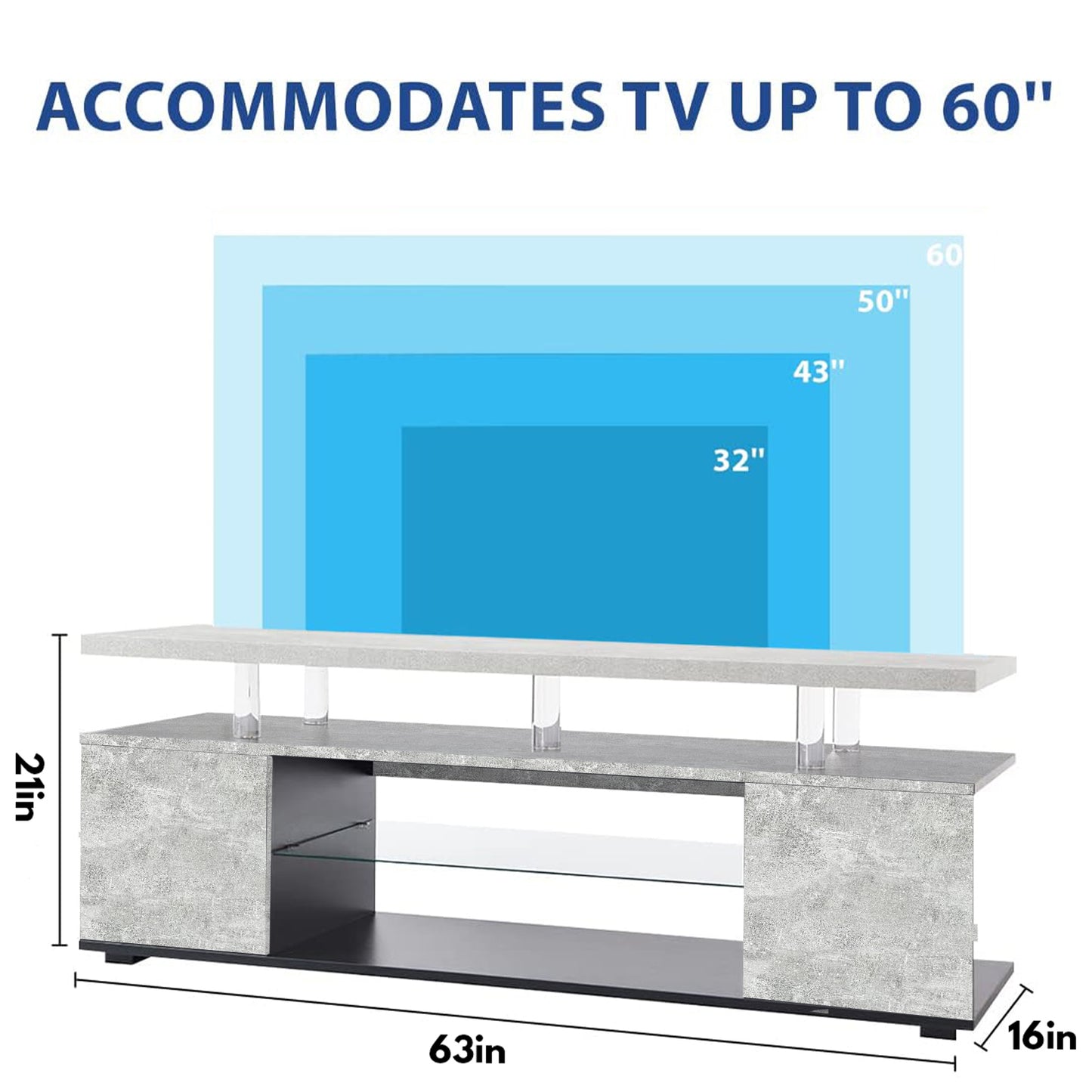 Pulse TV Stand Entertainment Center for 65 Inch TV - Grey