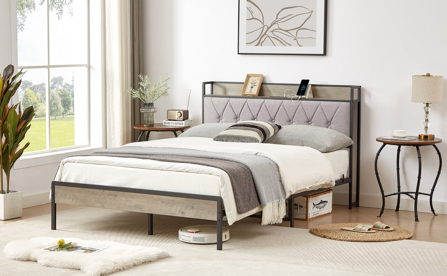 Biony Full Size Metal Bed Frame W Charging Station - Gray