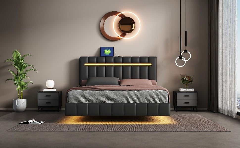 Marc II Queen Size Floating Bed Frame with LED - Black