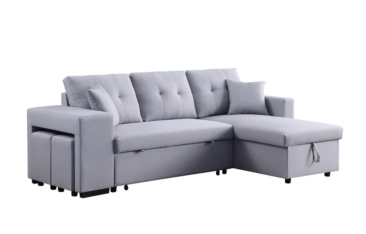 Dennis Fabric Reversible Sleeper Sectional with Storage Chaise and 2 Stools - Light Gray