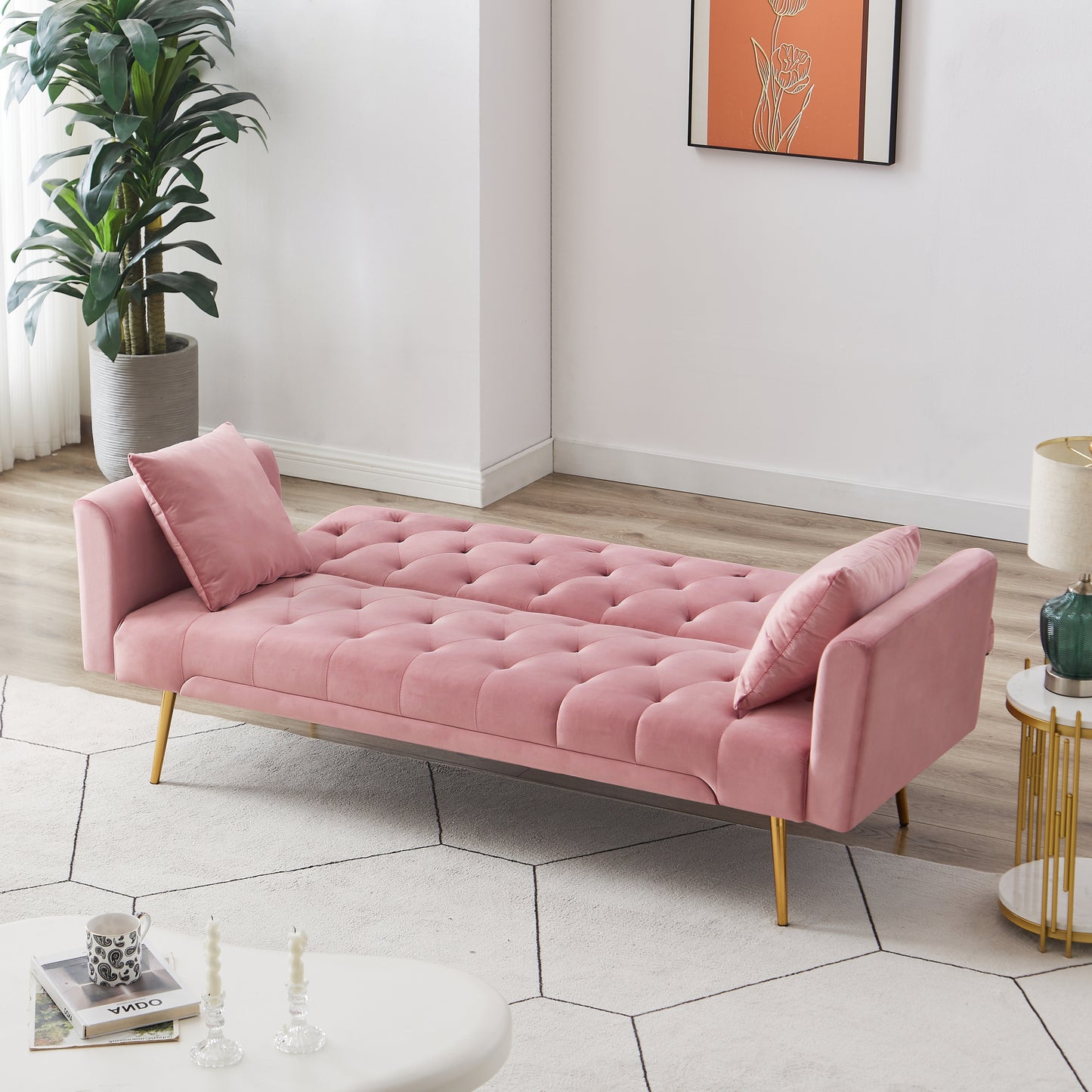 Kona Velvet Futon Sofa Bed with Metal Legs - Pink