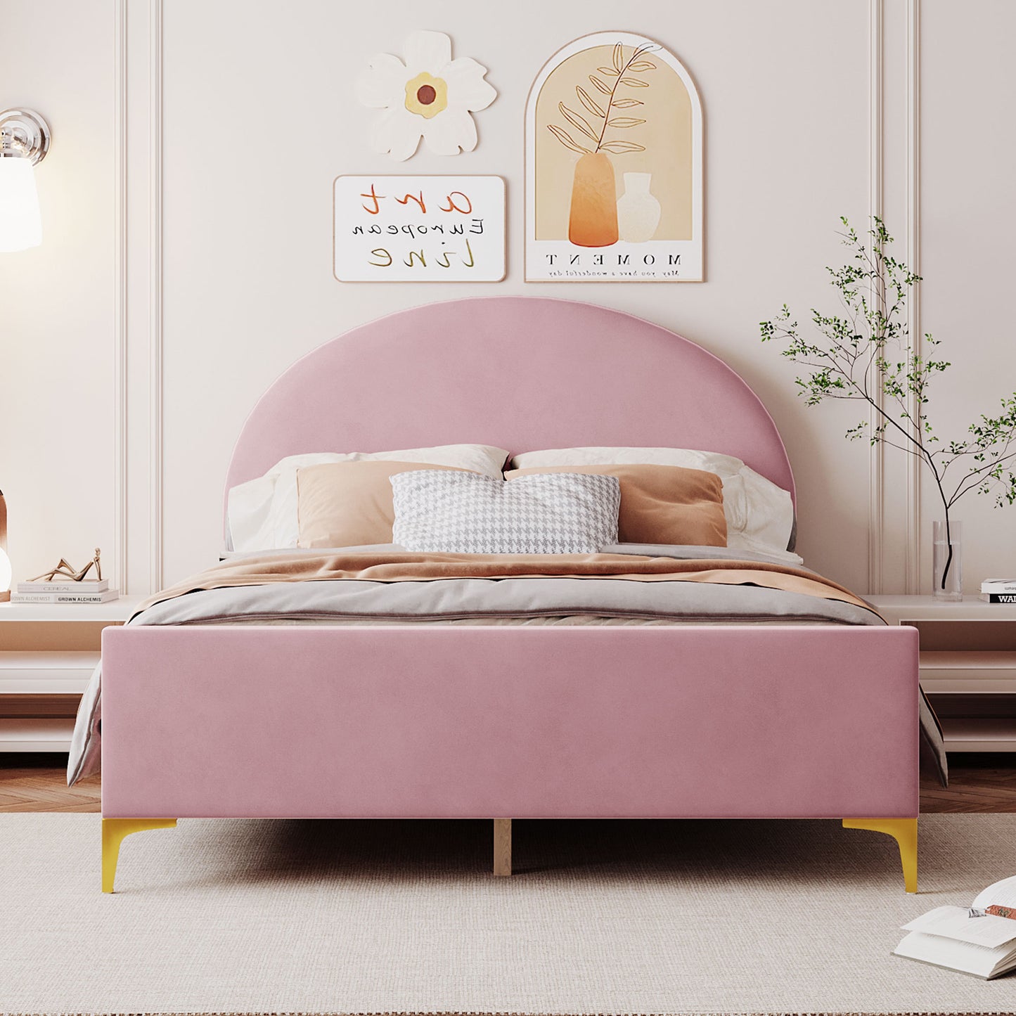 Lynn Full Size Velvet Platform Bed w Mental Legs - Pink