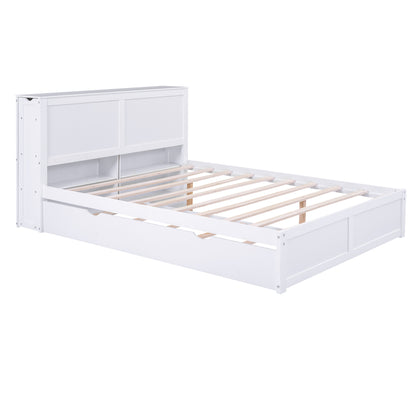 JR Queen Size Platform Bed w Pull Out Twin XL Size Trundle - White