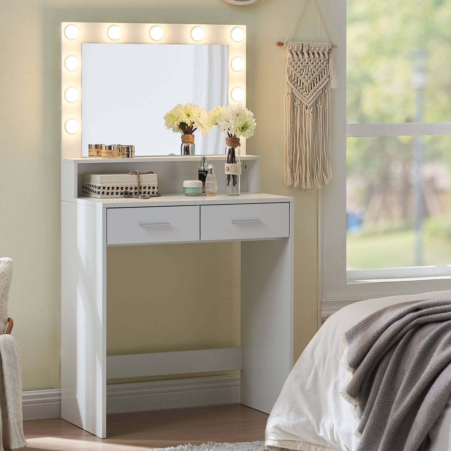 Neve Vanity Desk with Mirror and Lights - White