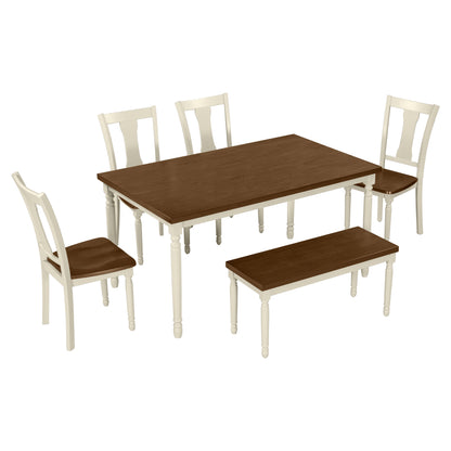 Trey 6pc Dining Set Wooden Table 4x Side Chairs And Bench - Brown+White