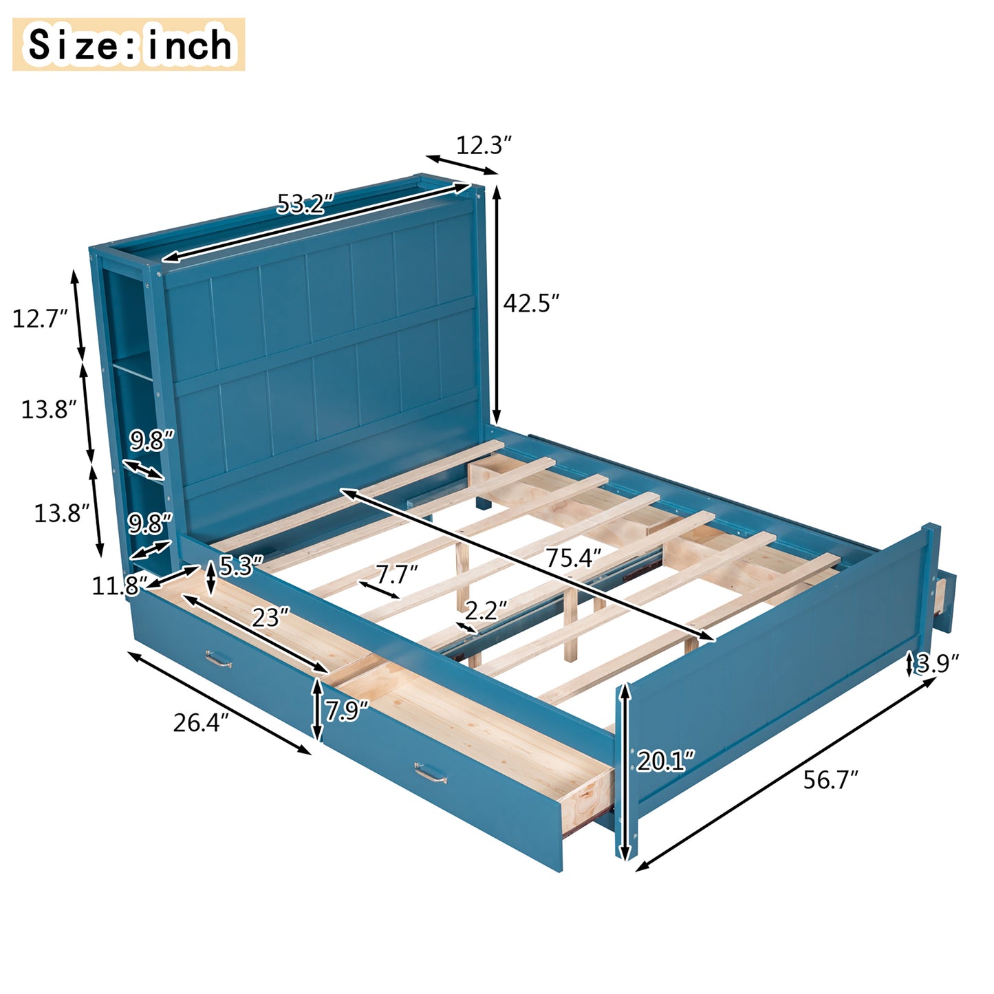 Zeal Full Size Platform Bed w Storage - Blue