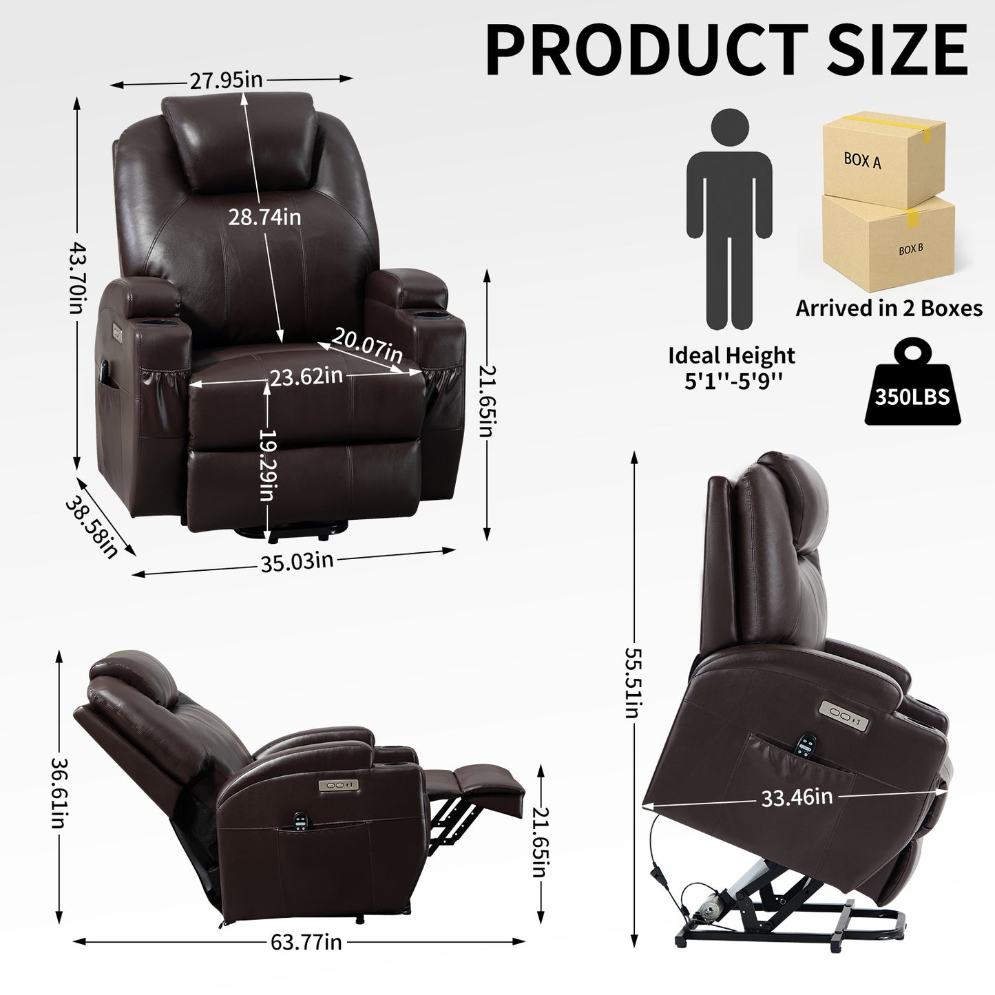 Adell Power Lift Recliner Chair with Heat and Massage - Brown