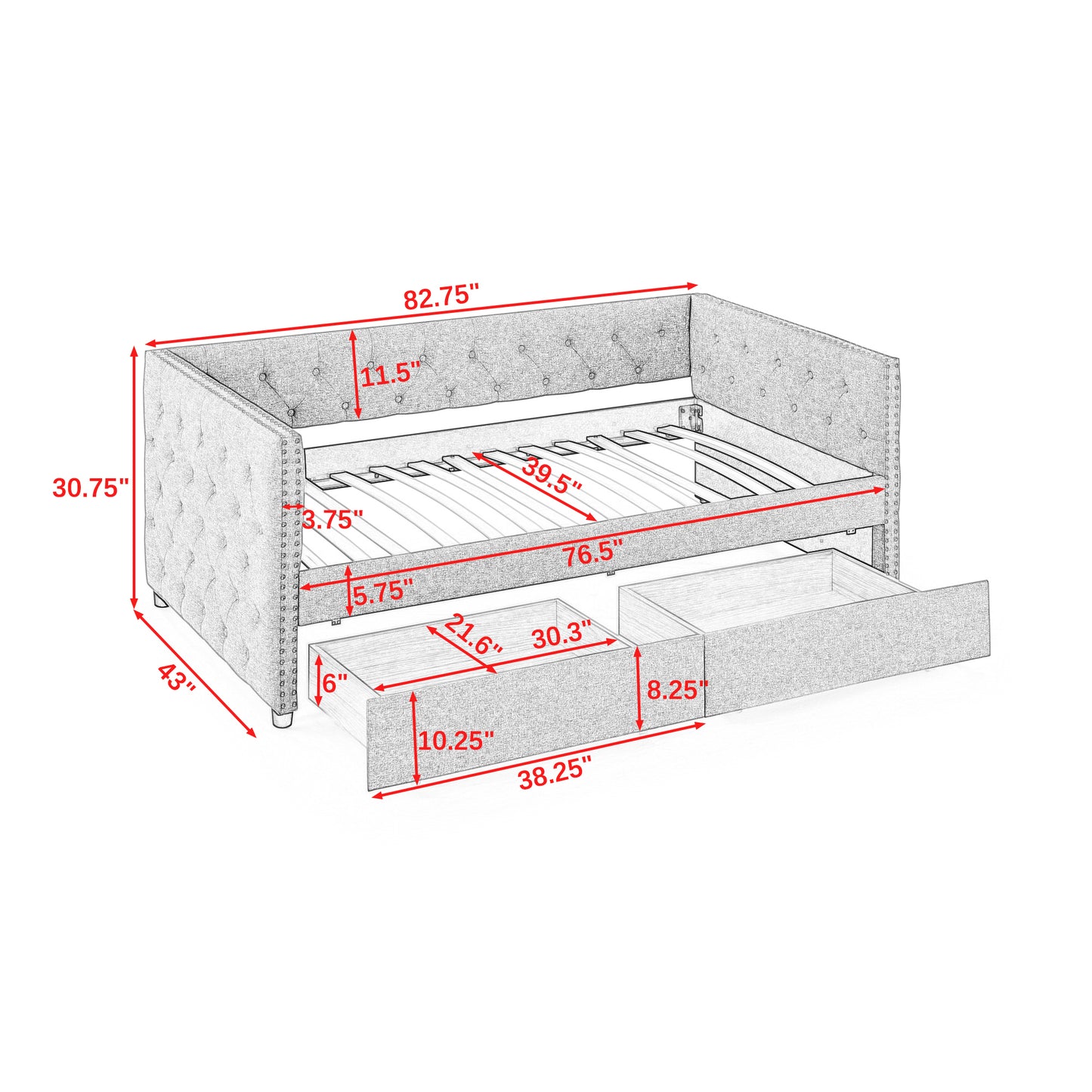 Teza Twin Size Daybed with Drawers - Gray