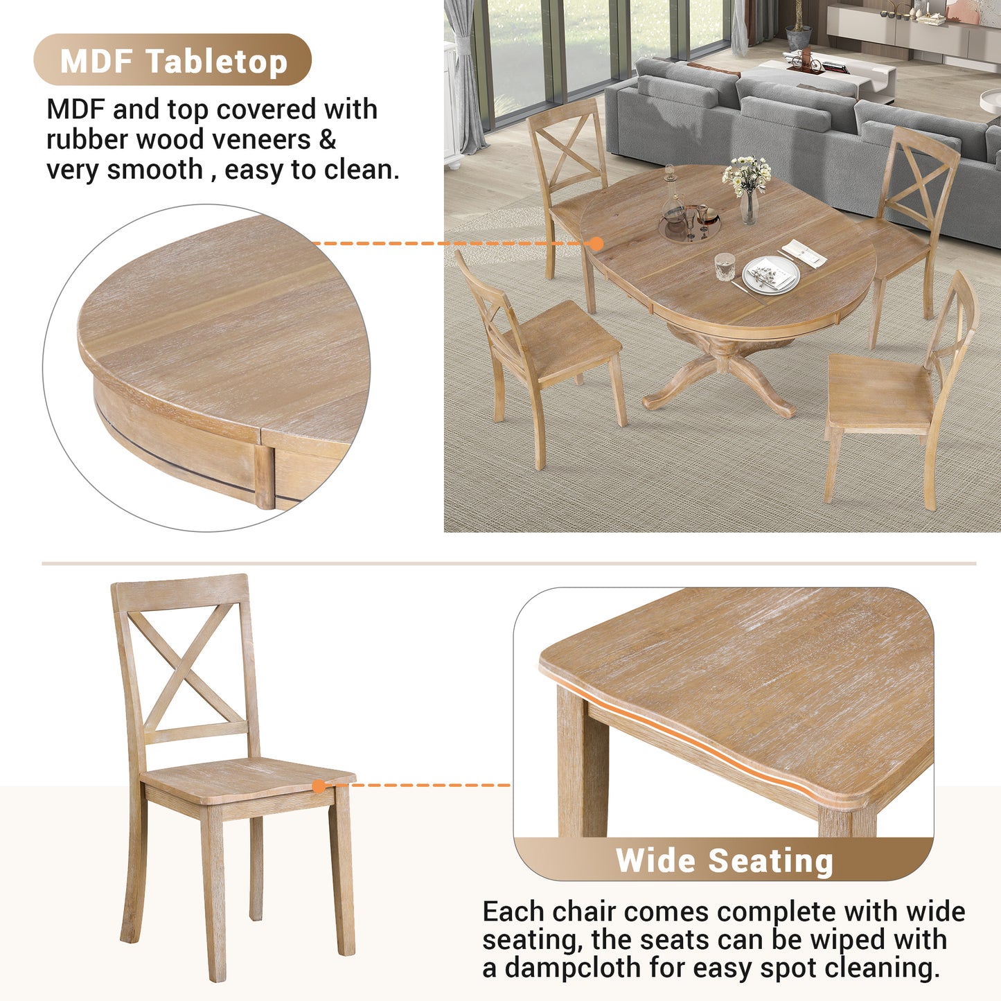 Vivia 5pc Dining Set Round Table 4x side Chairs - Natural