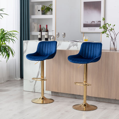 Stramline Adjustable Velvet + Golden Leg Bar Stool - Blue Set of 2