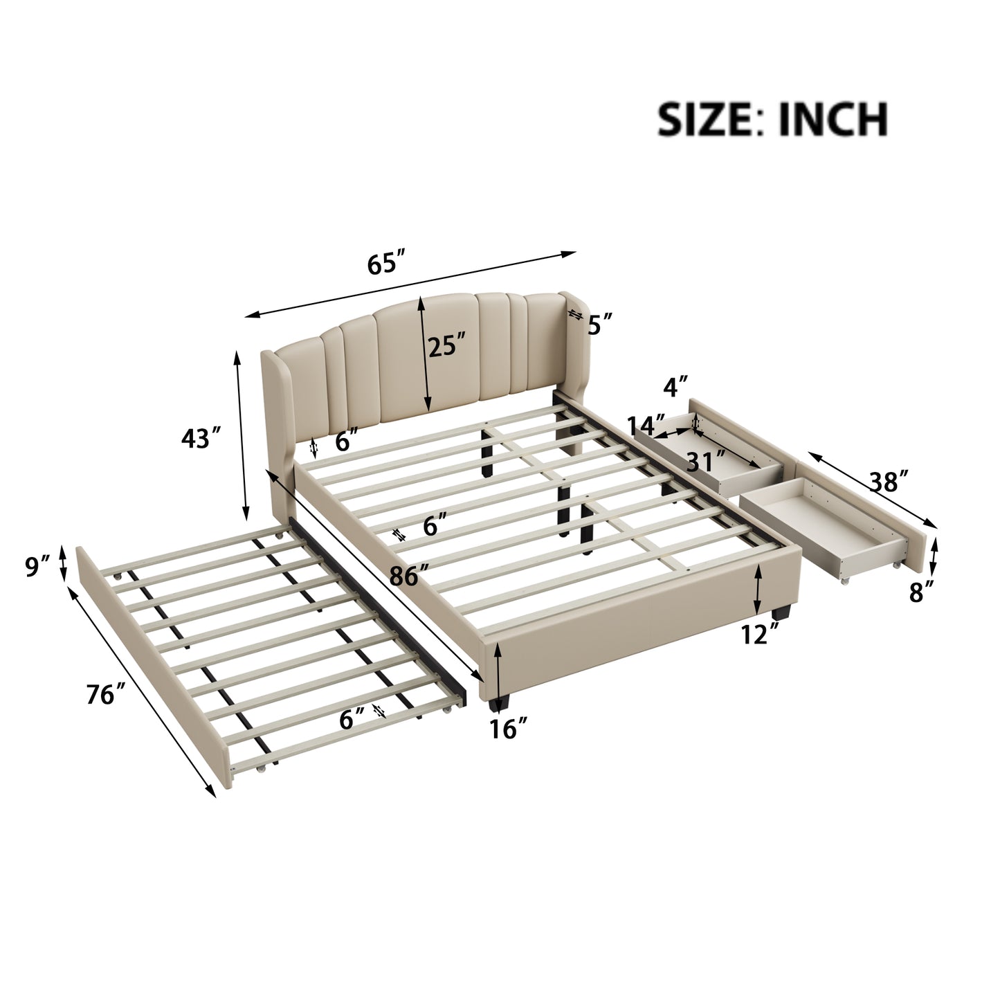 Mali Queen Size Platform Bed with Wingback Headboard - Beige