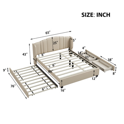 Mali Queen Size Platform Bed with Wingback Headboard - Beige